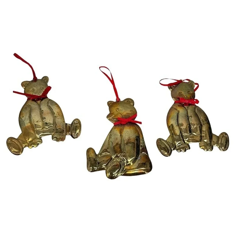 Dept 56 Teddy Bear Shaped Ornaments Brass Vintage Set 3 Holiday Hong Kong Retro